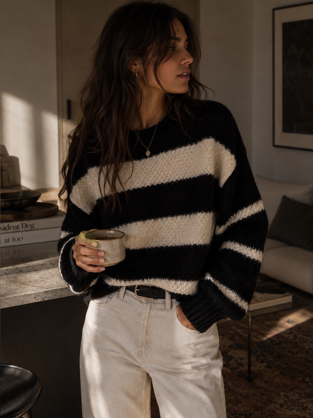 Topshop Oversized Teddy Stripe Sweater Black White XS
